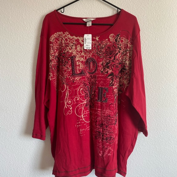 CJ Banks Red Size 3X 3/4 Sleeve Shirt 100% Cotton NWT - Picture 2 of 13